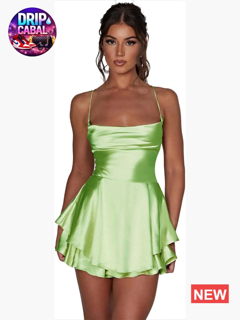 Sexy Spaghetti Strap Satin Romper Dress Backless Low Cut Mini Sundress Jumpsuit
